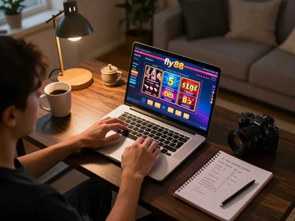 Engaging online gaming session at fly88 with player immersed in casino gameplay and strategy notes.