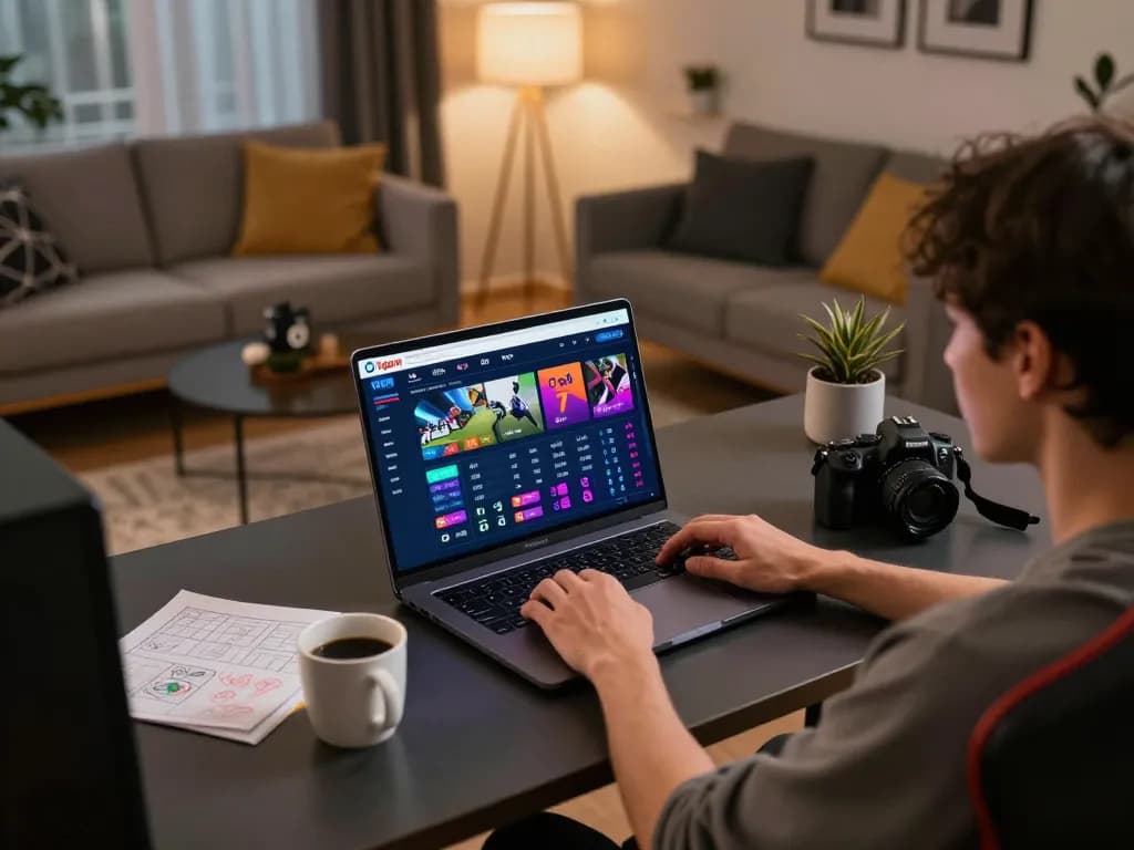 Person engaging with the 1gom online betting platform on a laptop in a cozy home setup.