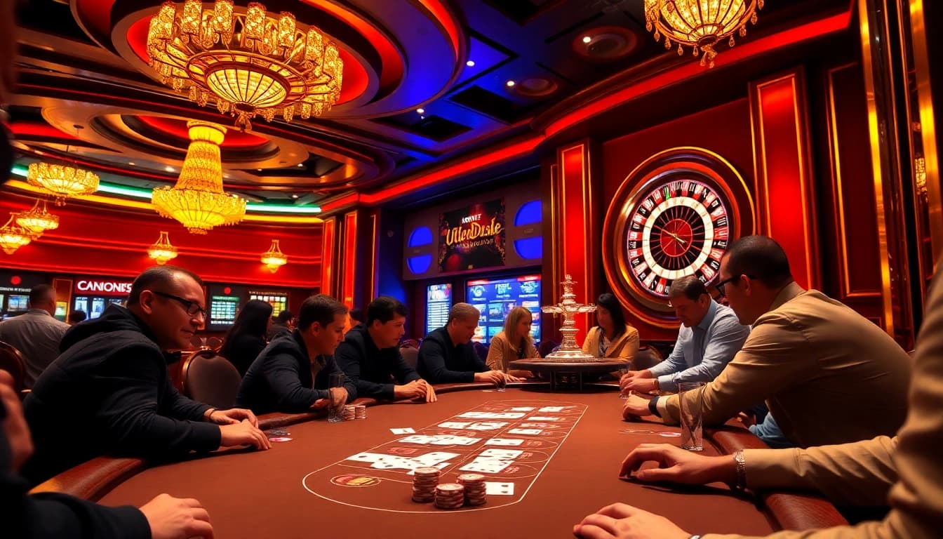 Players enjoying a thrilling poker game at Utländska.casino with vibrant tables and colorful chips.
