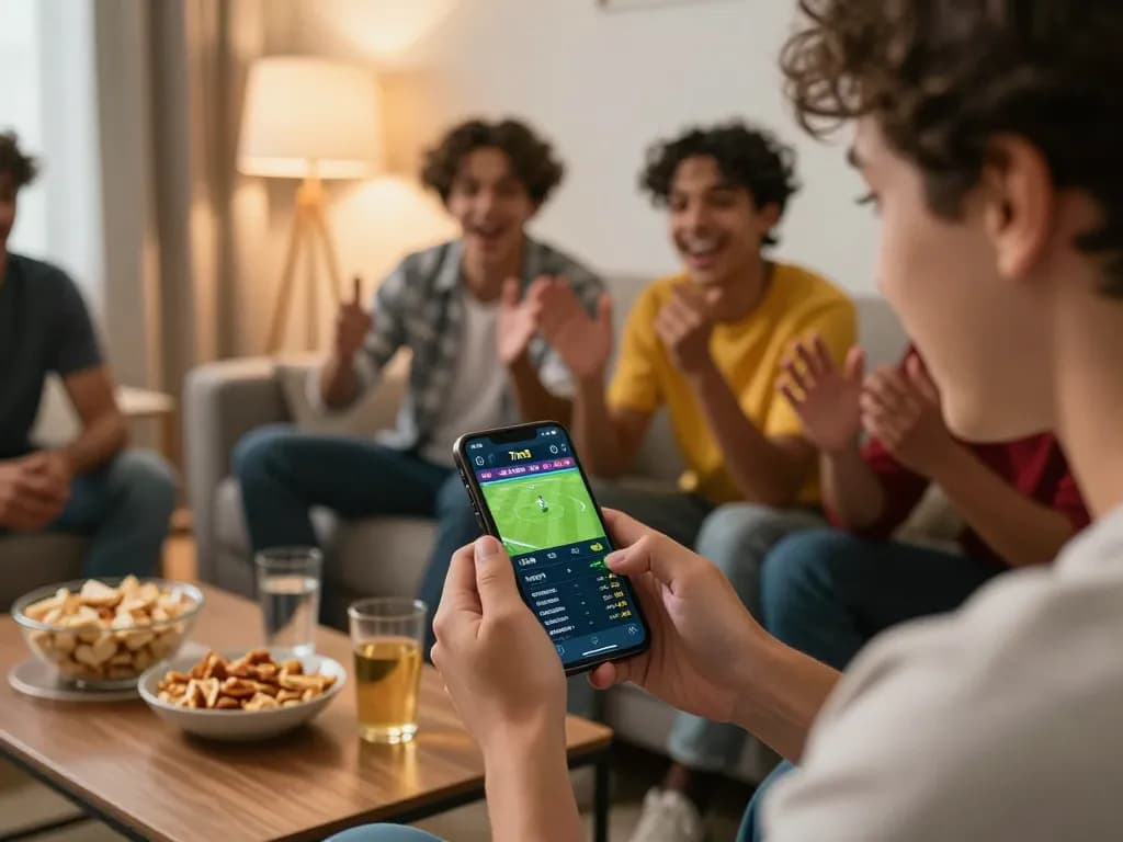 Fans engaging with the 7m8 app for live sports betting and analysis during a game.