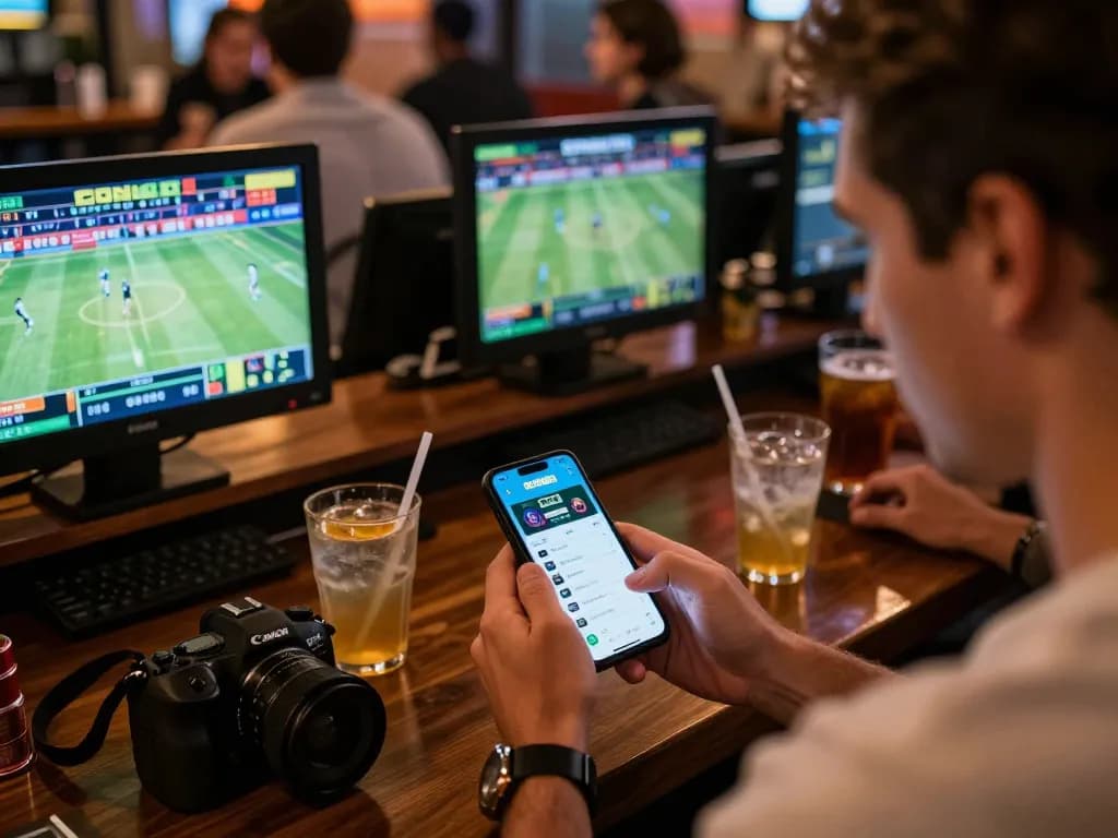 Excited bettor using the BONG88 app for real-time sports wagers in a vibrant sports bar.
