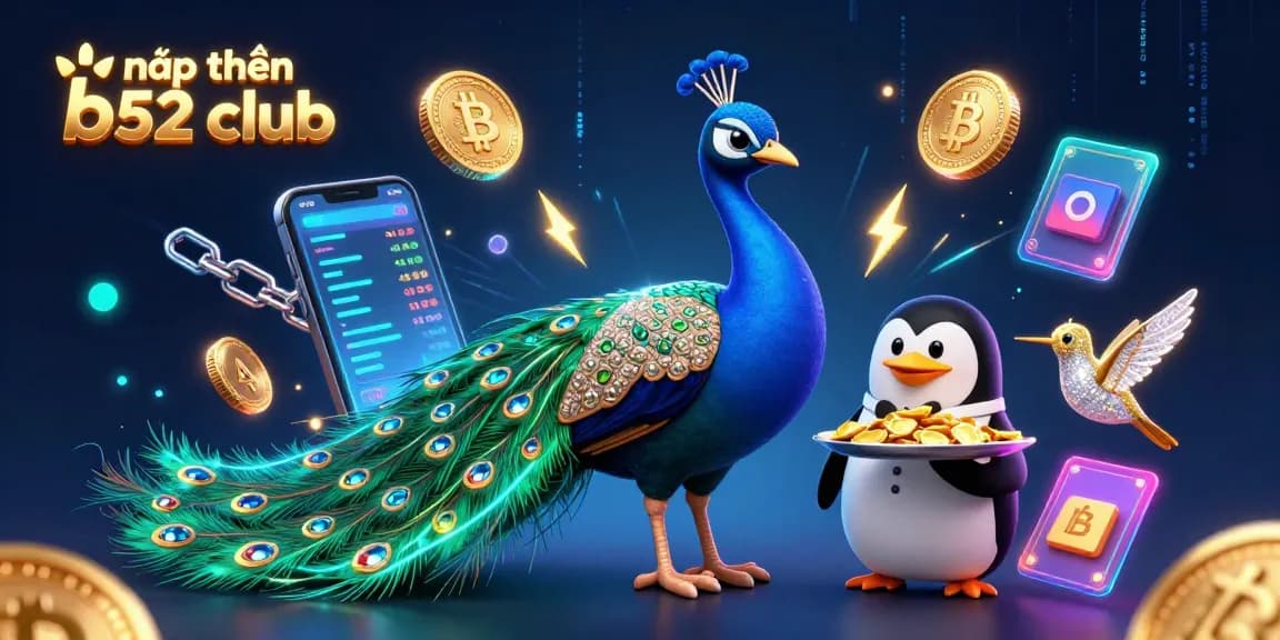 Nạp tiền B52 club with a dazzling 3D peacock and casino elements illuminating the scene.