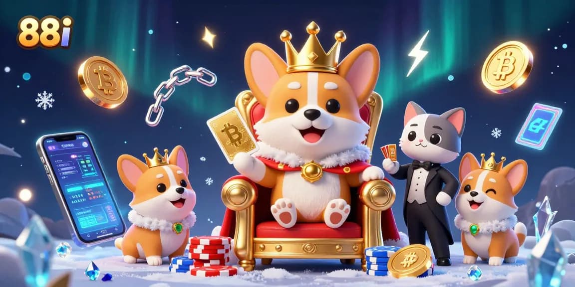 Experience the vibrant world of 88i with a royal corgi, golden card deck, and floating cryptocurrencies in a lively casino scene.