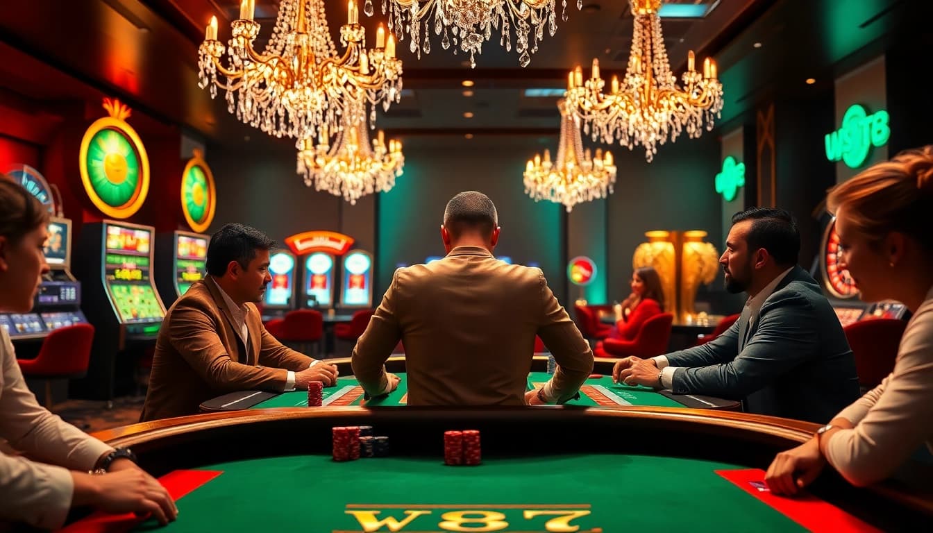 W88 players strategizing around a professional poker table in a luxurious casino setting.