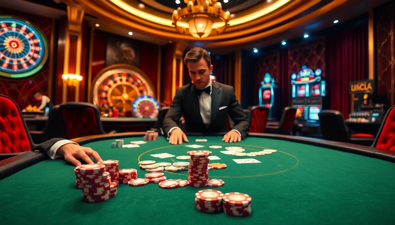 Experience thrilling moments at vaobet with a vibrant poker table full of chips and cards.