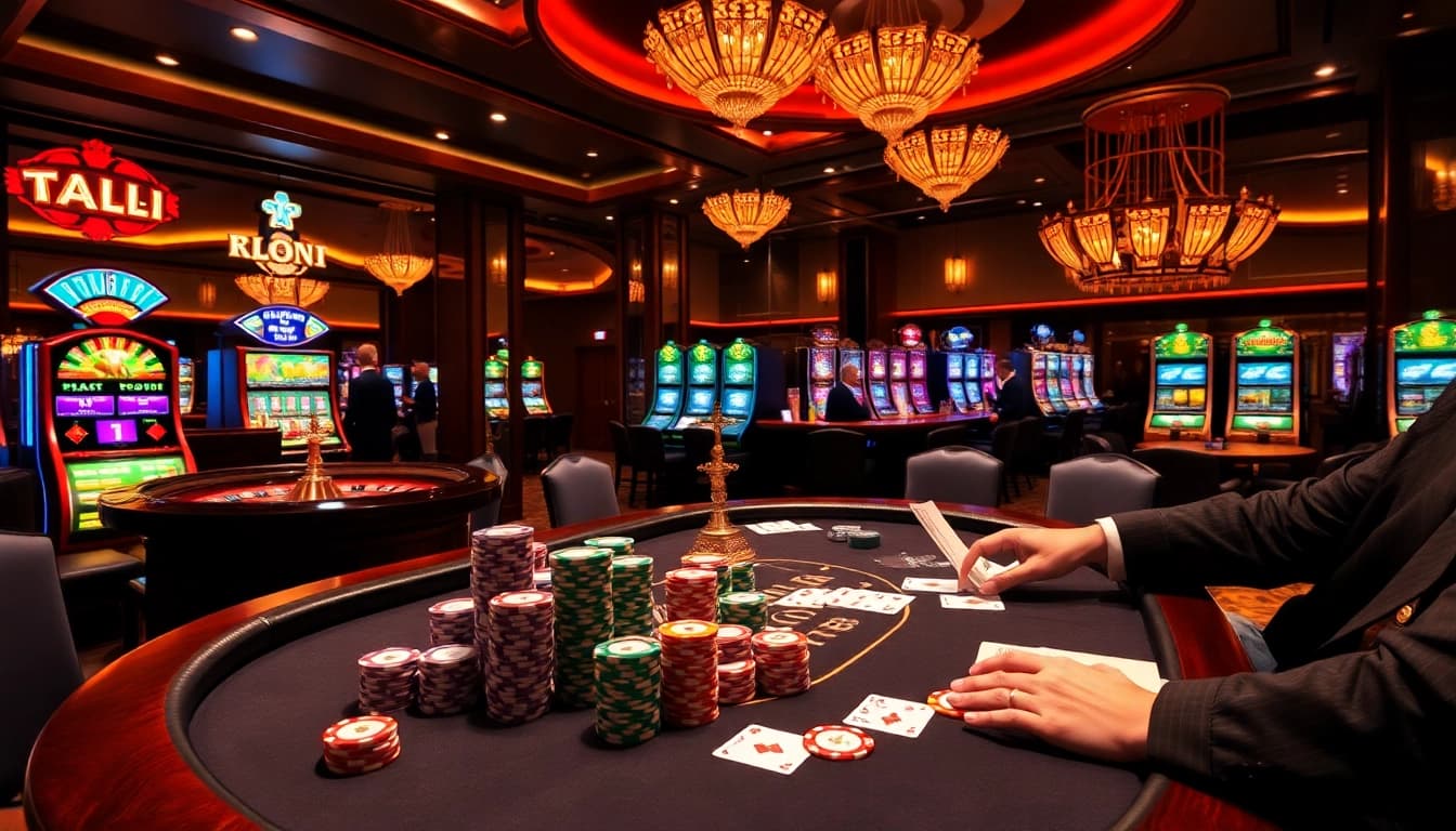 KJC players strategizing at a poker table in a luxurious casino setting.