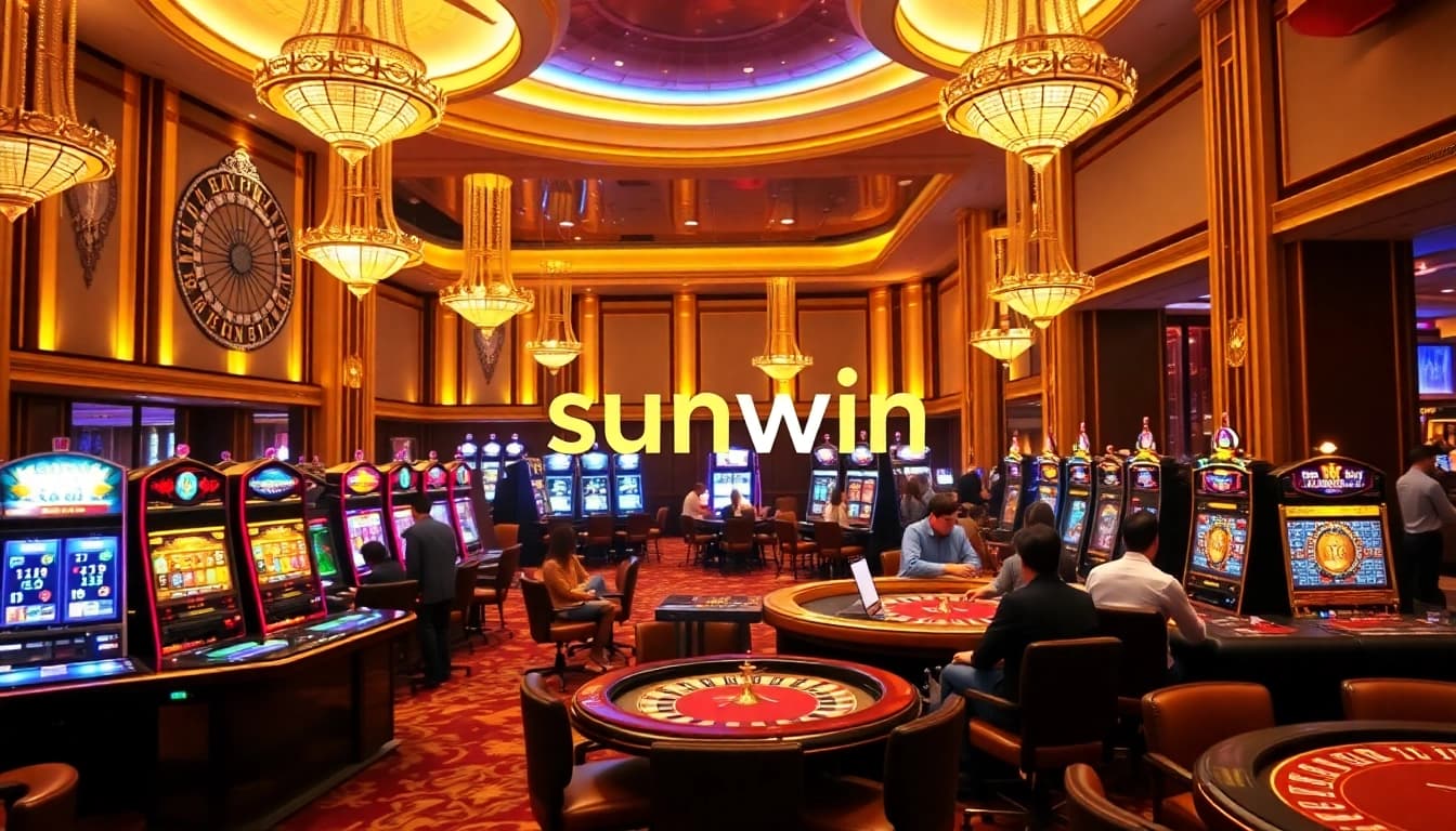 Experience thrilling gameplay at Sunwin, with vibrant casino tables and dynamic players enjoying card games.