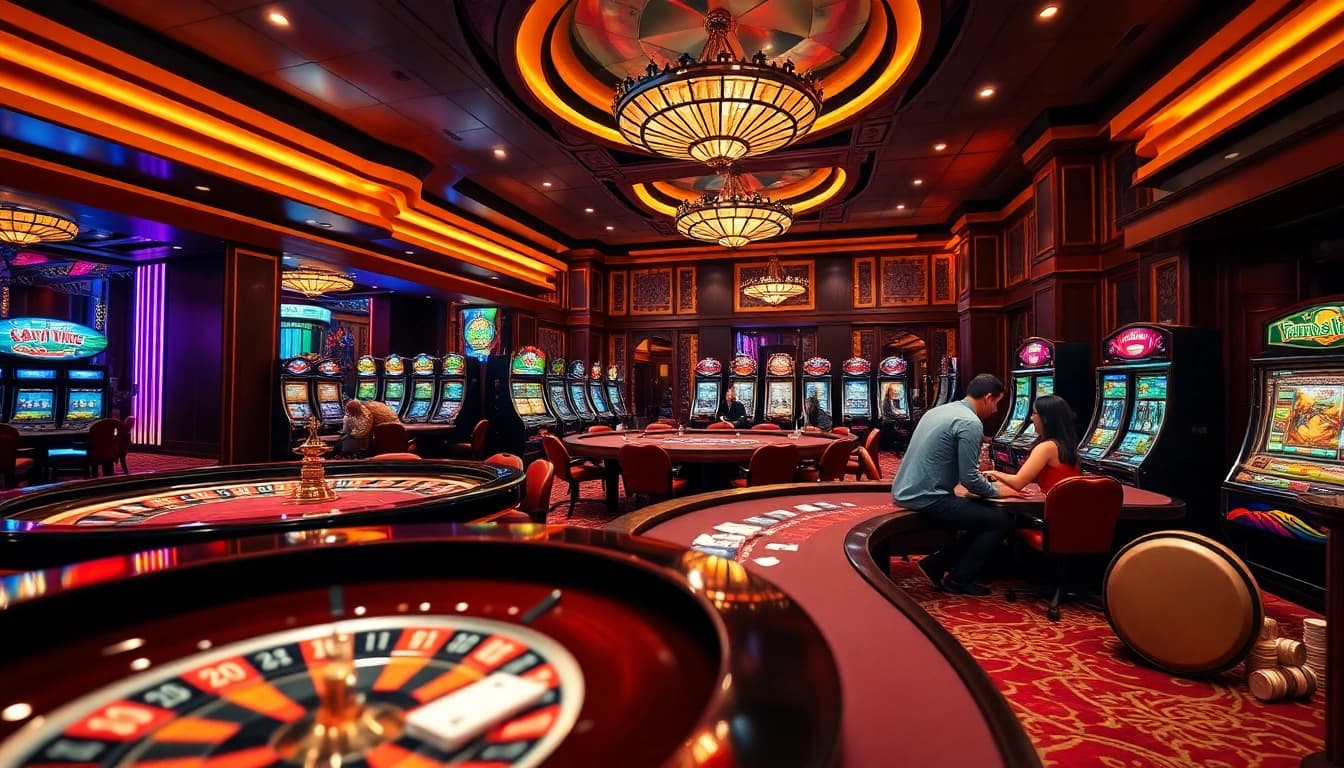 Engaged players enjoying a lively game scene at birutoto's casino, featuring poker tables and vibrant slot machines.