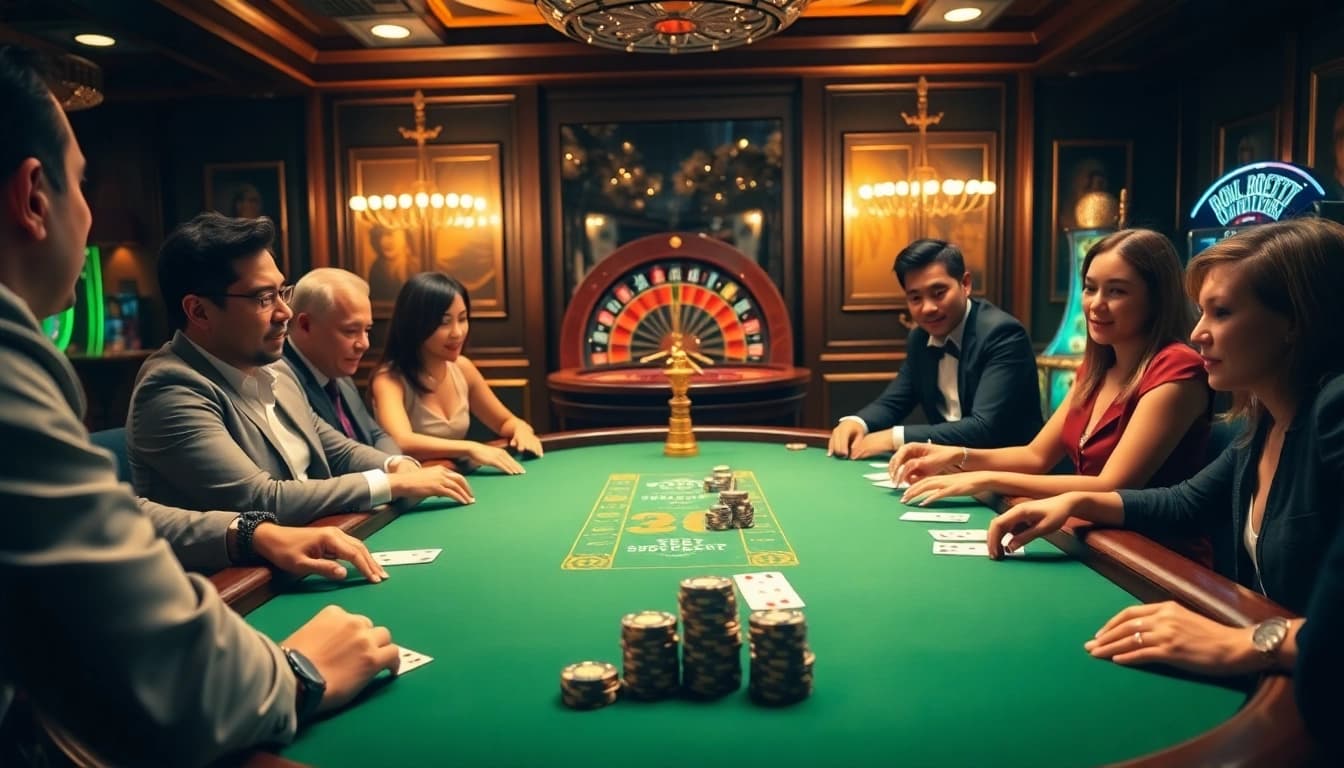 Join the excitement at https://tylebongdatructuyen.org/ with a thrilling poker game surrounded by luxurious casino elements.