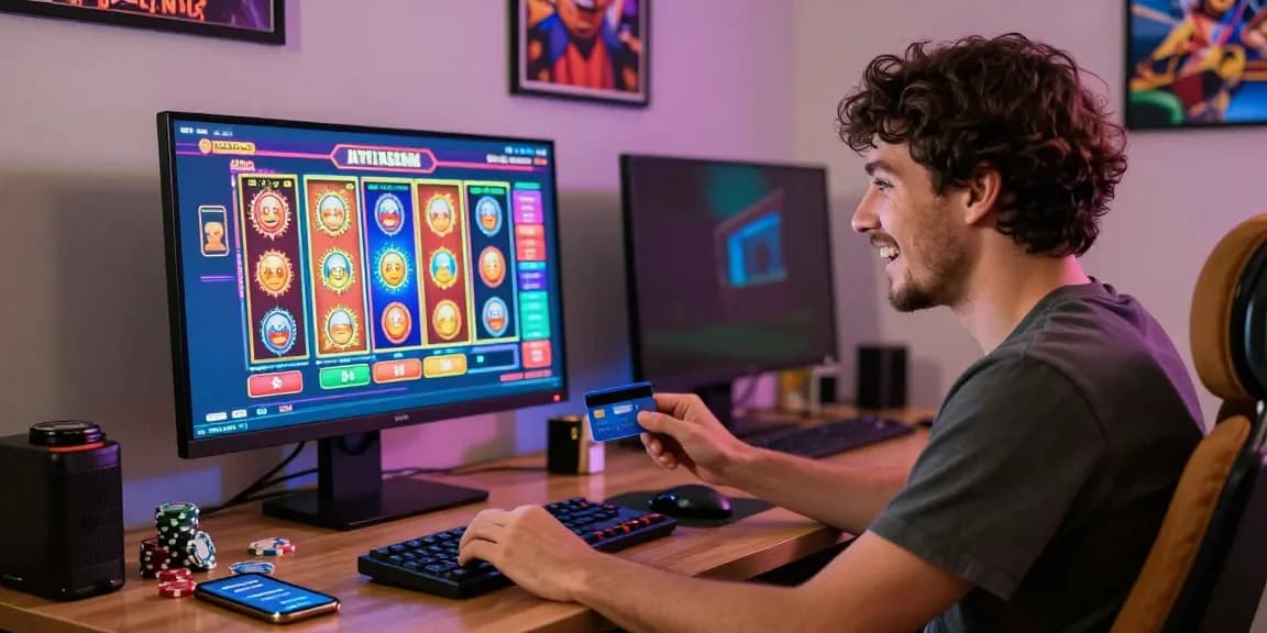 Player enjoying online gaming at casinos that take credit cards, displaying excitement and vibrant digital surroundings.