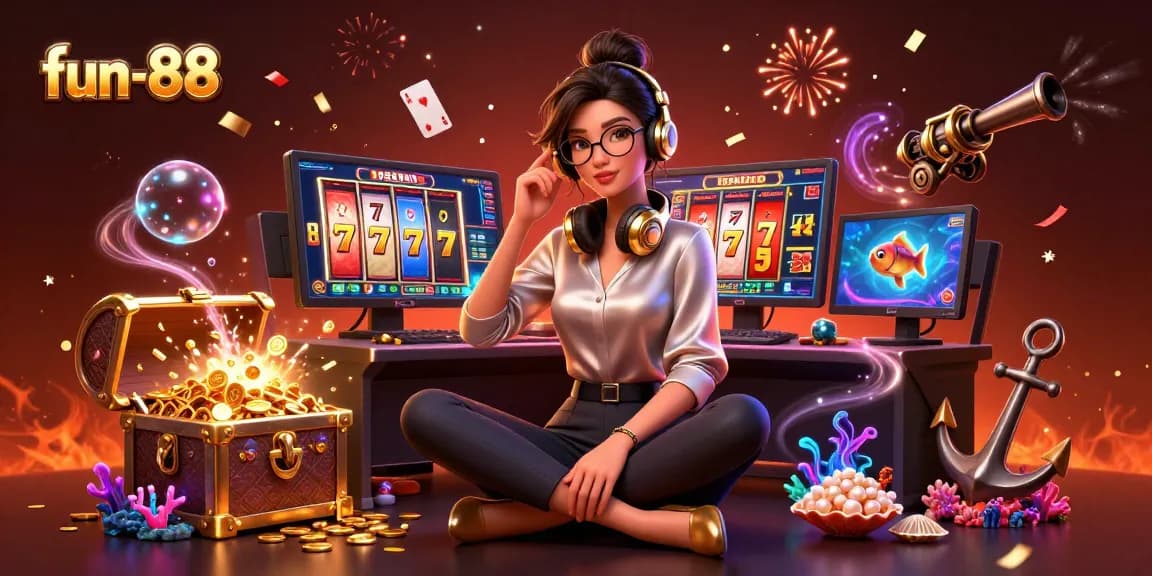 Experience fun-88 with a vibrant gaming scene showcasing slot reels and exciting gaming setups.
