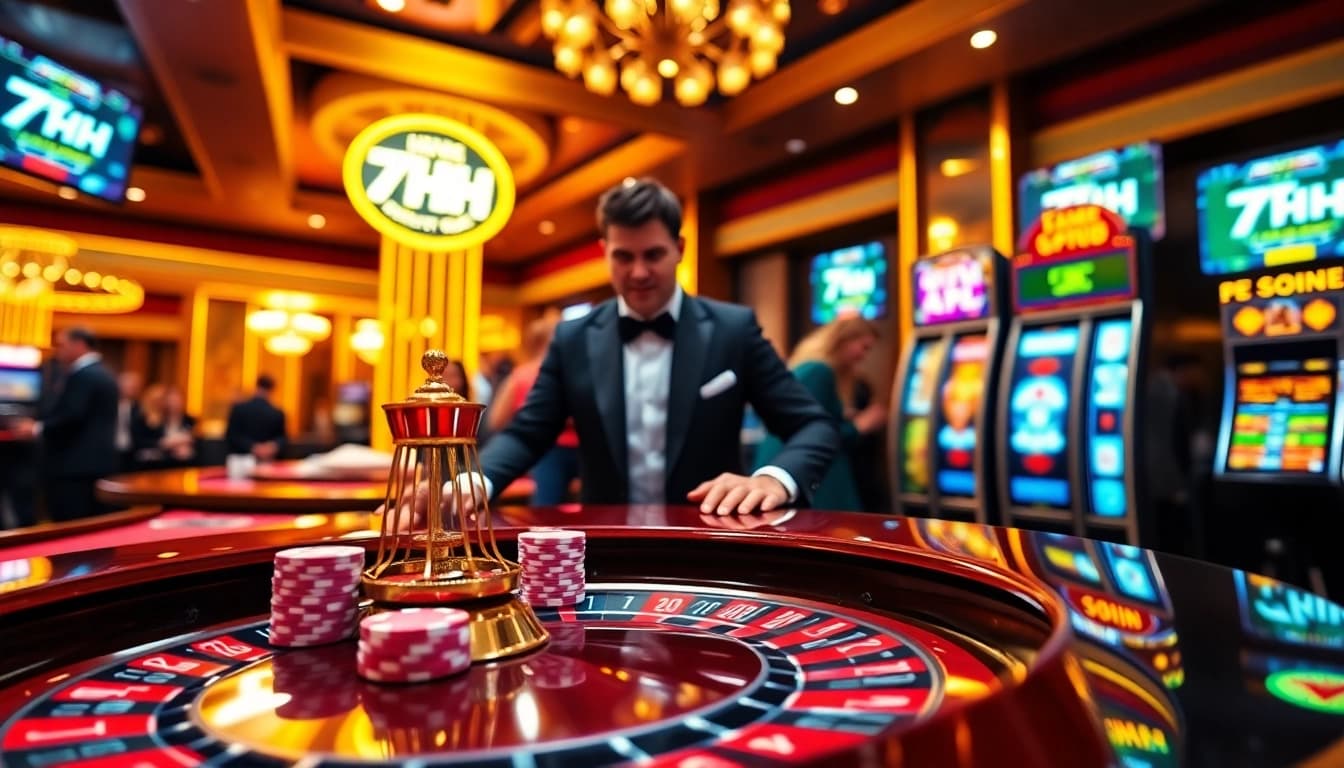 7HH casino scene with roulette table and poker chips, highlighting an engaging gambling experience.