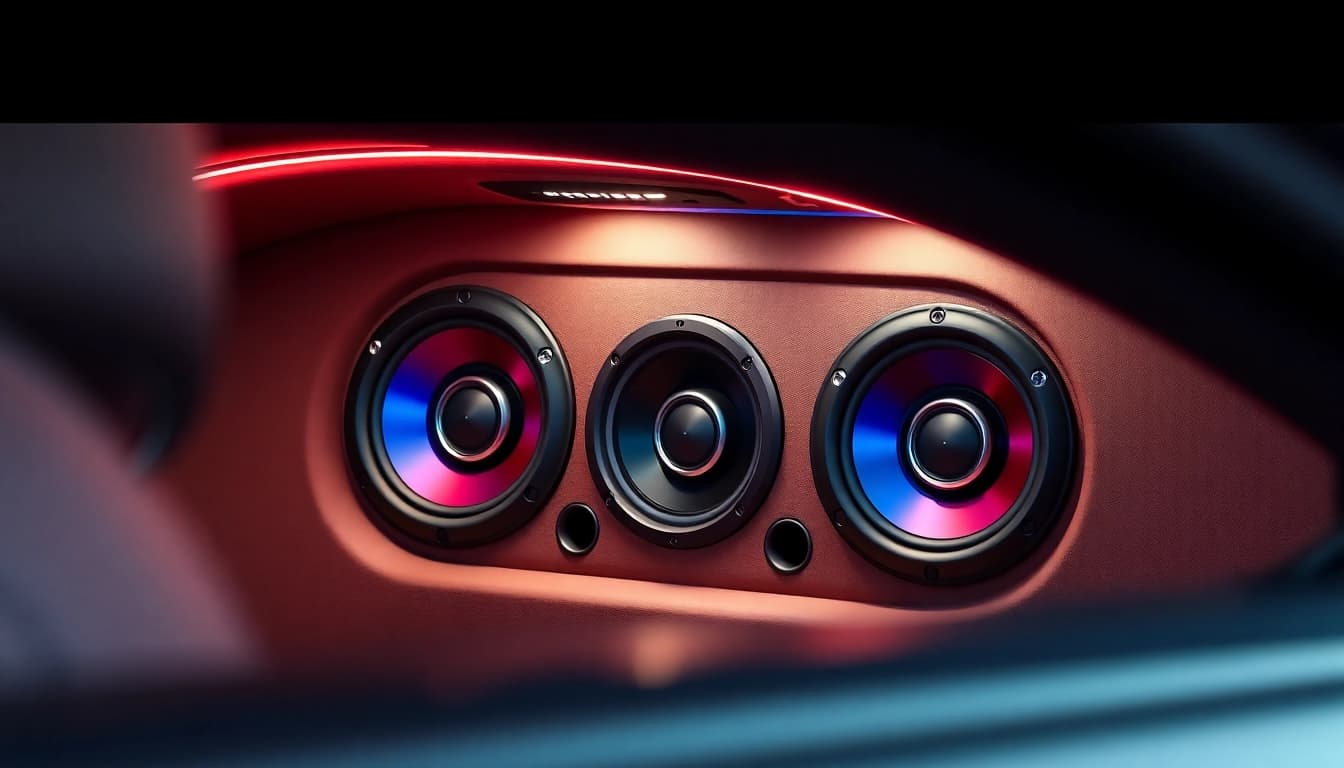 Car speakers (Garsiakalbiai) providing high-quality sound showcased in a stylish vehicle interior.
