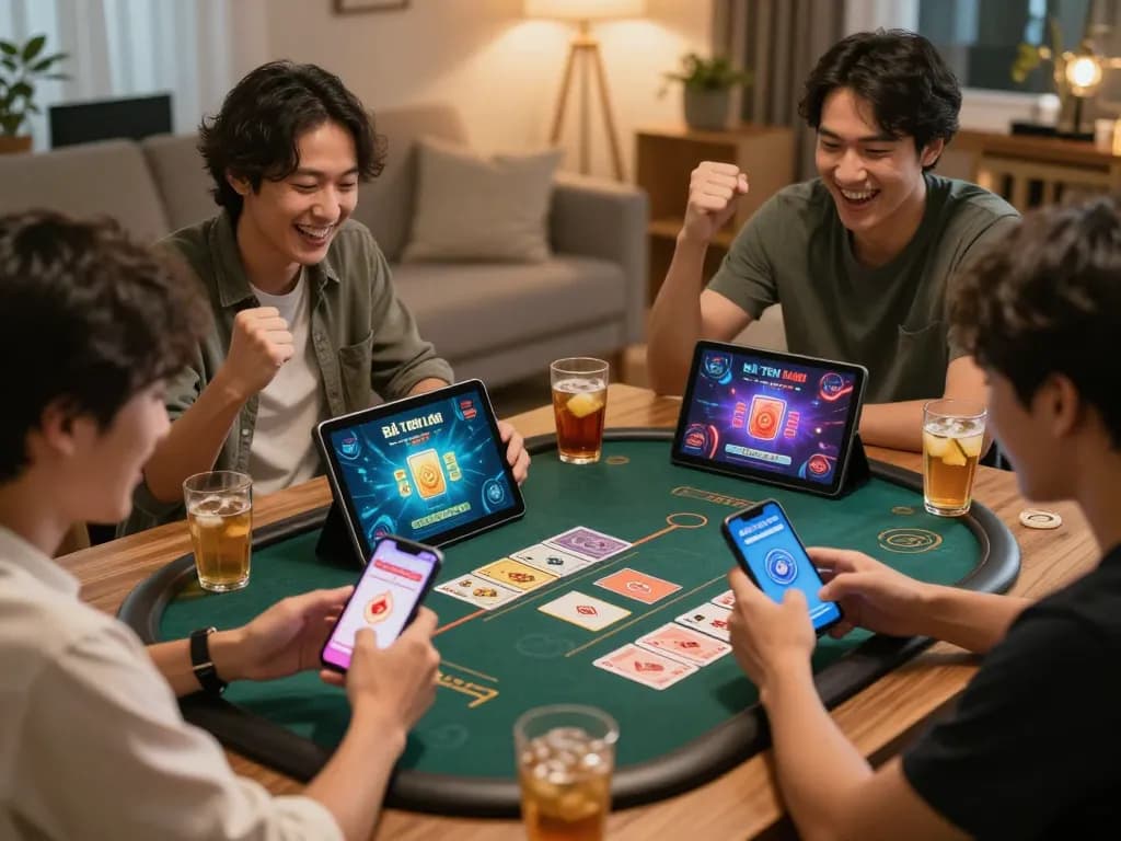 Players enjoying Bài Tiến Lên on mobile devices, celebrating wins in a cozy home setting.