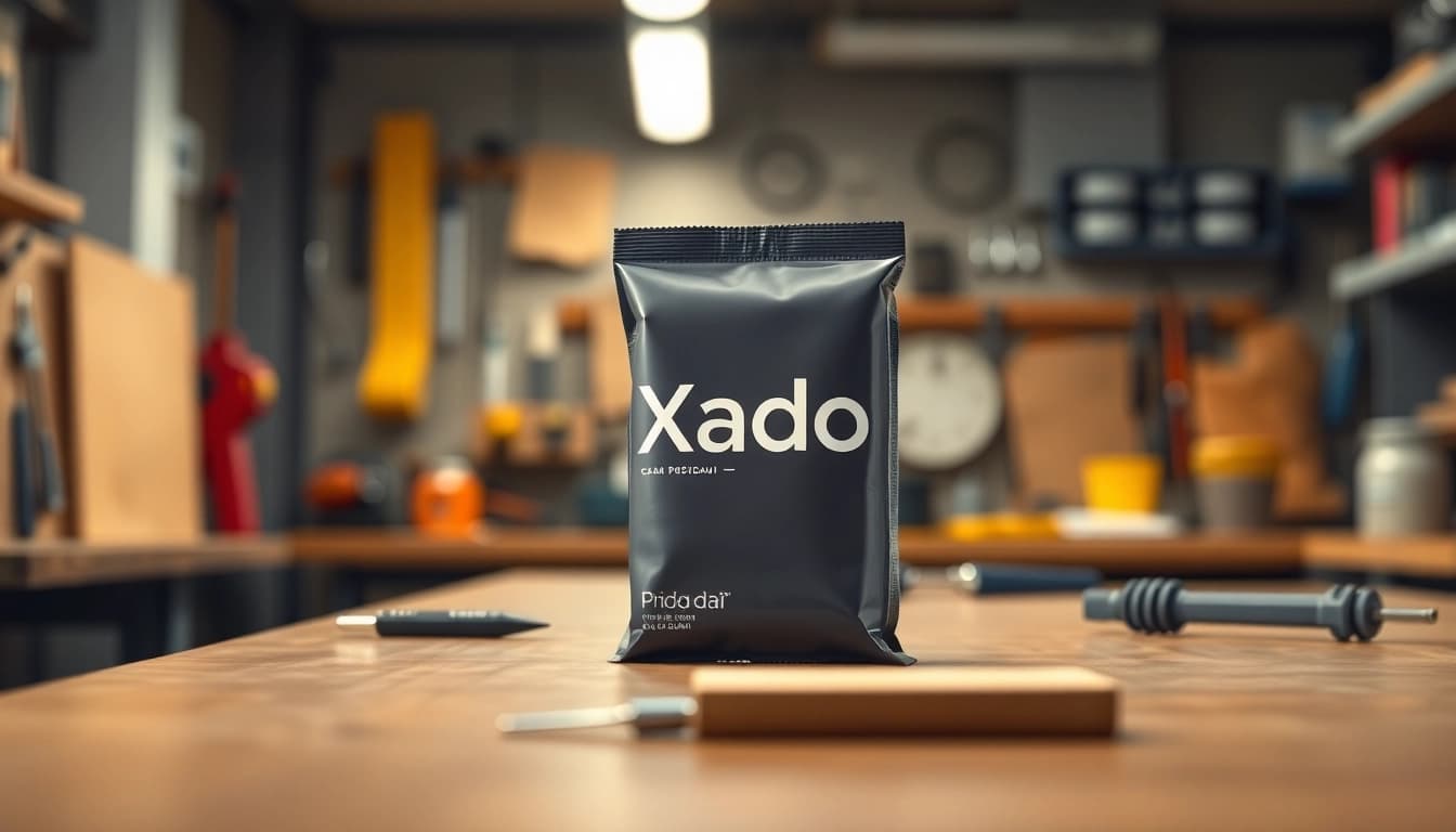 Xado priedai revitalizers showcased prominently on a workshop table with tools in the background.