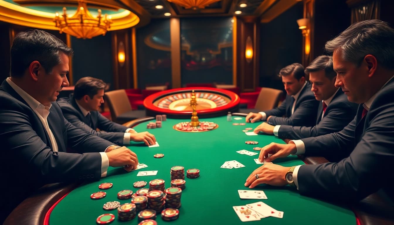 Experience excitement at the SX88 poker table with professional players betting in a luxurious casino.