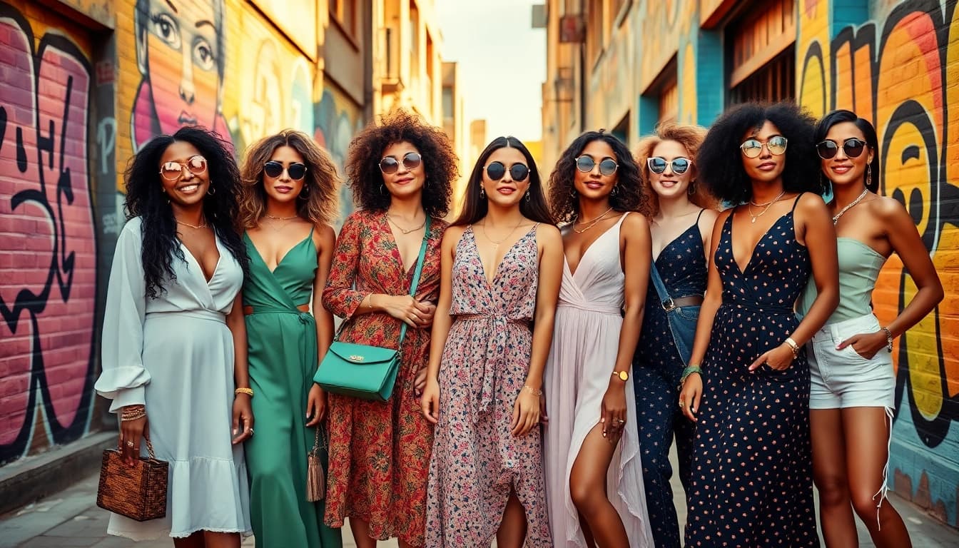 Women fashion outfits on diverse models enjoying a sunny urban scene.