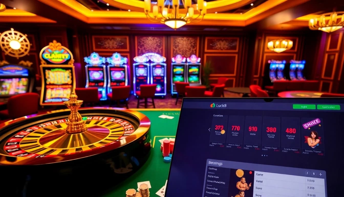 Experience an exciting betting scene at Luck8 with poker chips and slot machines.