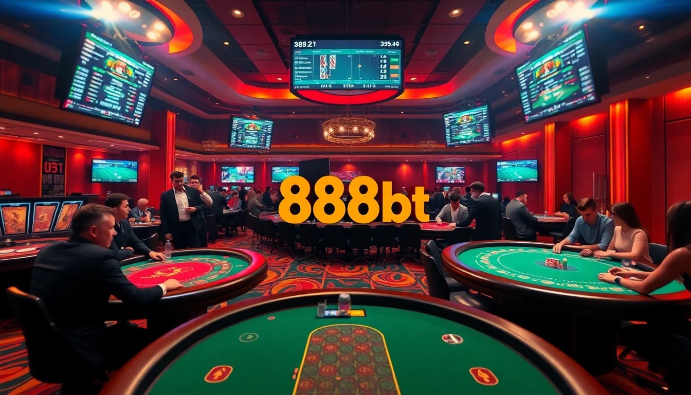 Exciting casino atmosphere showcasing games and sports betting on 888b.bet.