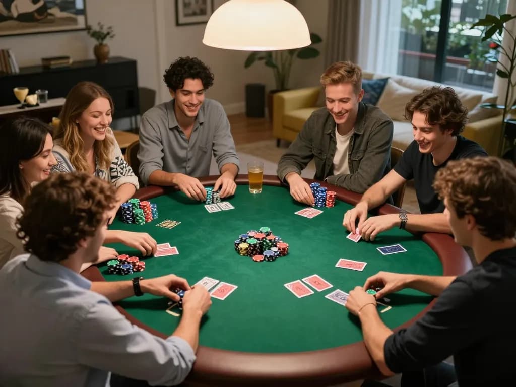 Players actively engaging in poker strategy at home during a fun game night, featuring au88.com