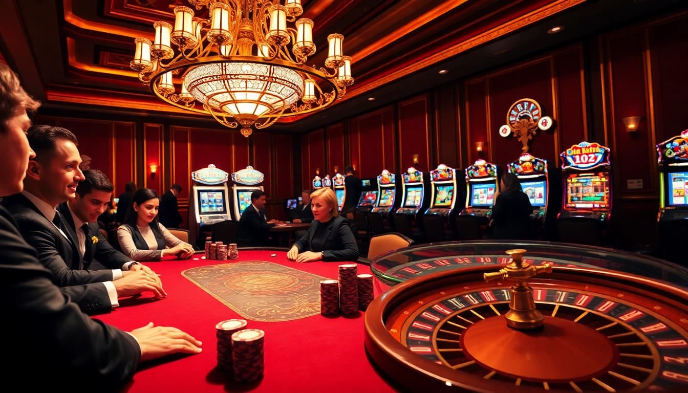 Engaged players at a high-stakes poker table in a vibrant casino setting, representing excitement at https://gamemanclub.wiki.
