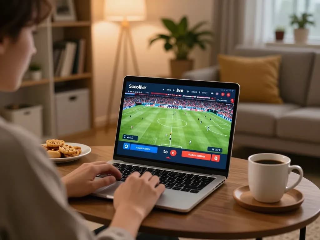 Watching a live soccer match on Socolive while enjoying snacks in a cozy home setting.