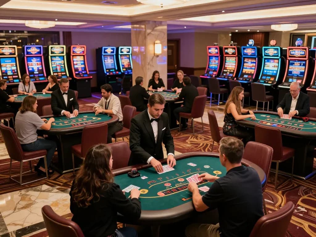 Players enjoying a thrilling game of blackjack at 8kbet’s modern casino with vibrant atmosphere.