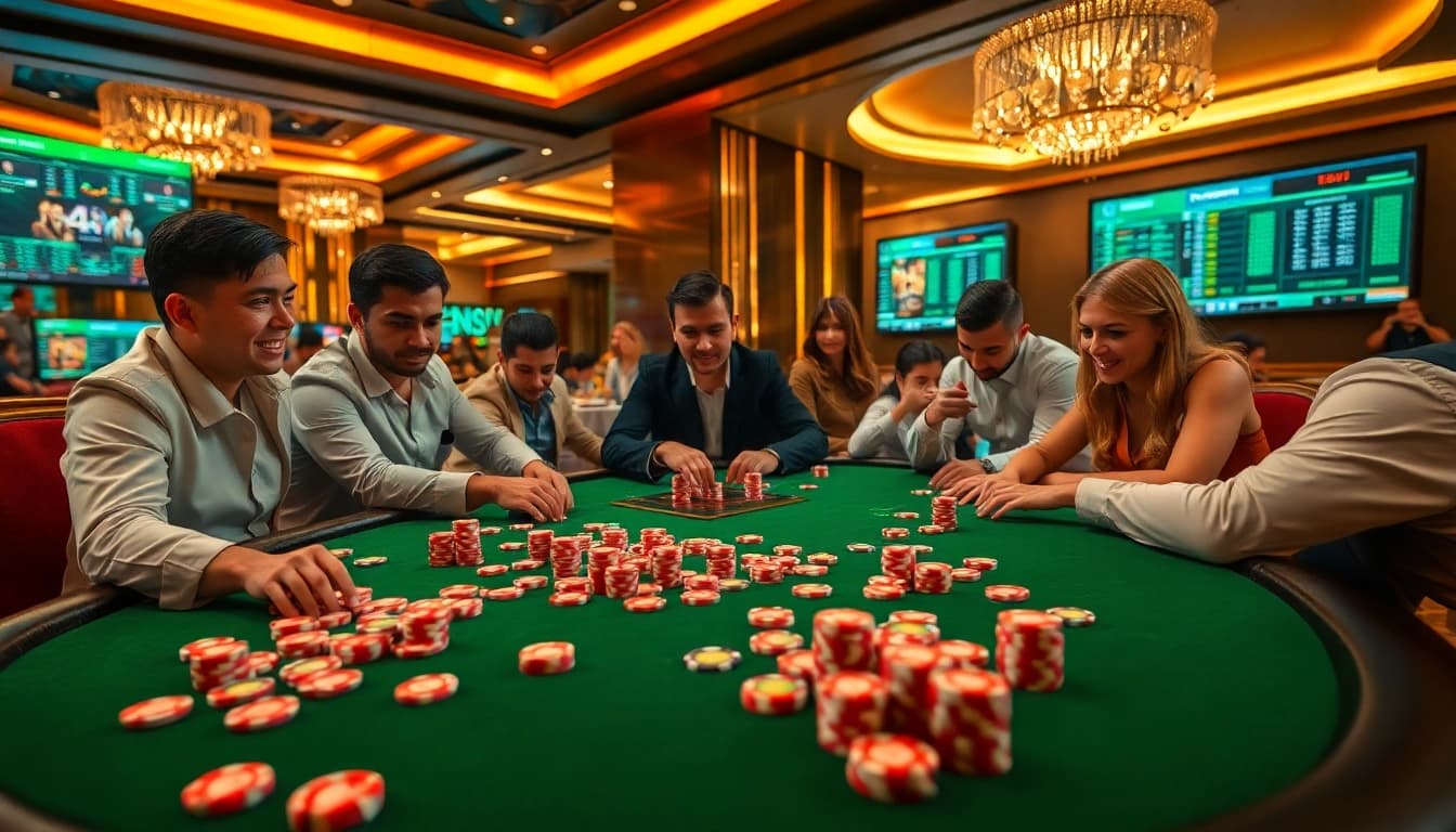 Engaging casino scene at luck8win.live with diverse players and vibrant color palette.