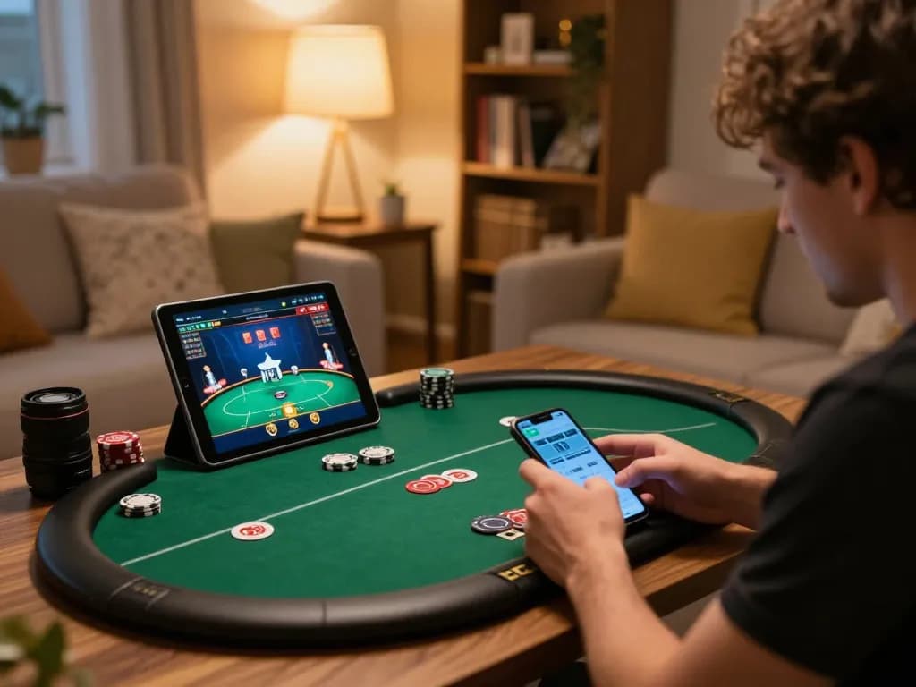 Player engaging in online poker game using gmnc strategies in a cozy living room environment.