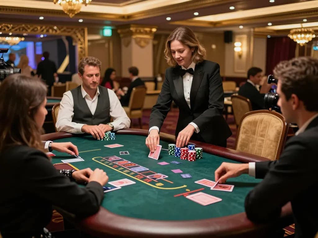 link TX666 engaging players at an elegant blackjack table in a vibrant live casino.