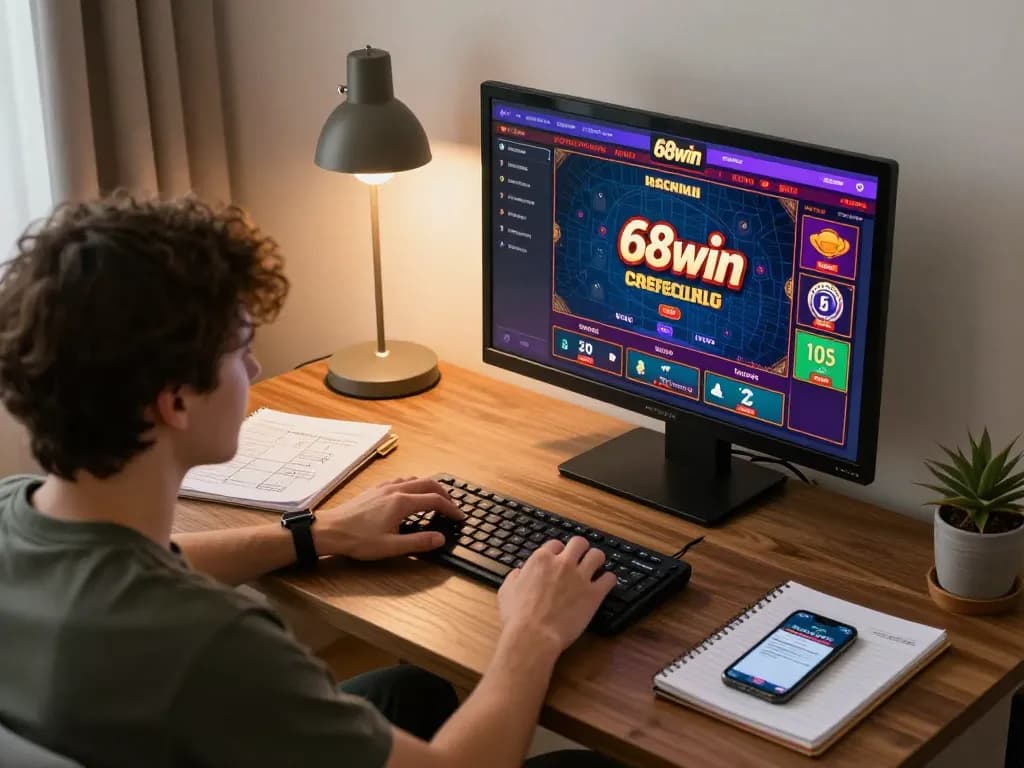 Engaging with the 68win online casino platform on a laptop, surrounded by betting strategy notes.