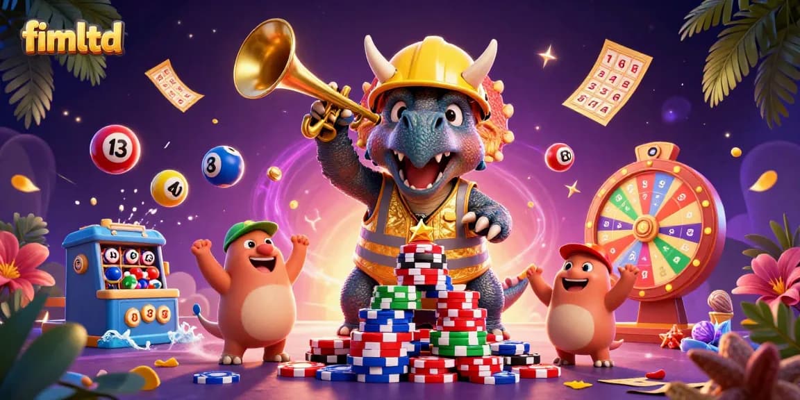 Join the excitement at fimltd casinos, where triceratops build poker chip towers amidst lottery festivities.
