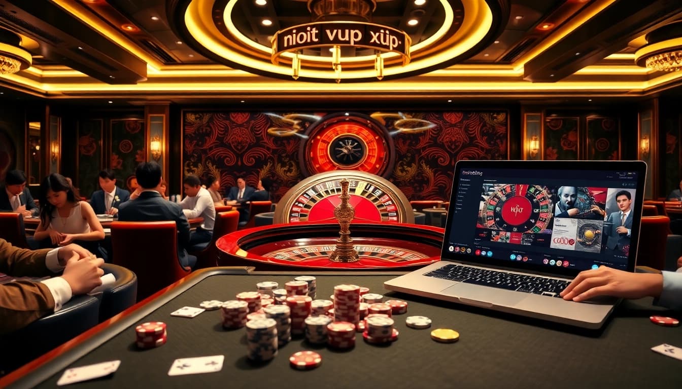 Experience the thrill of gambling with a lively nhất víp casino scene featuring gaming tables and excited players.