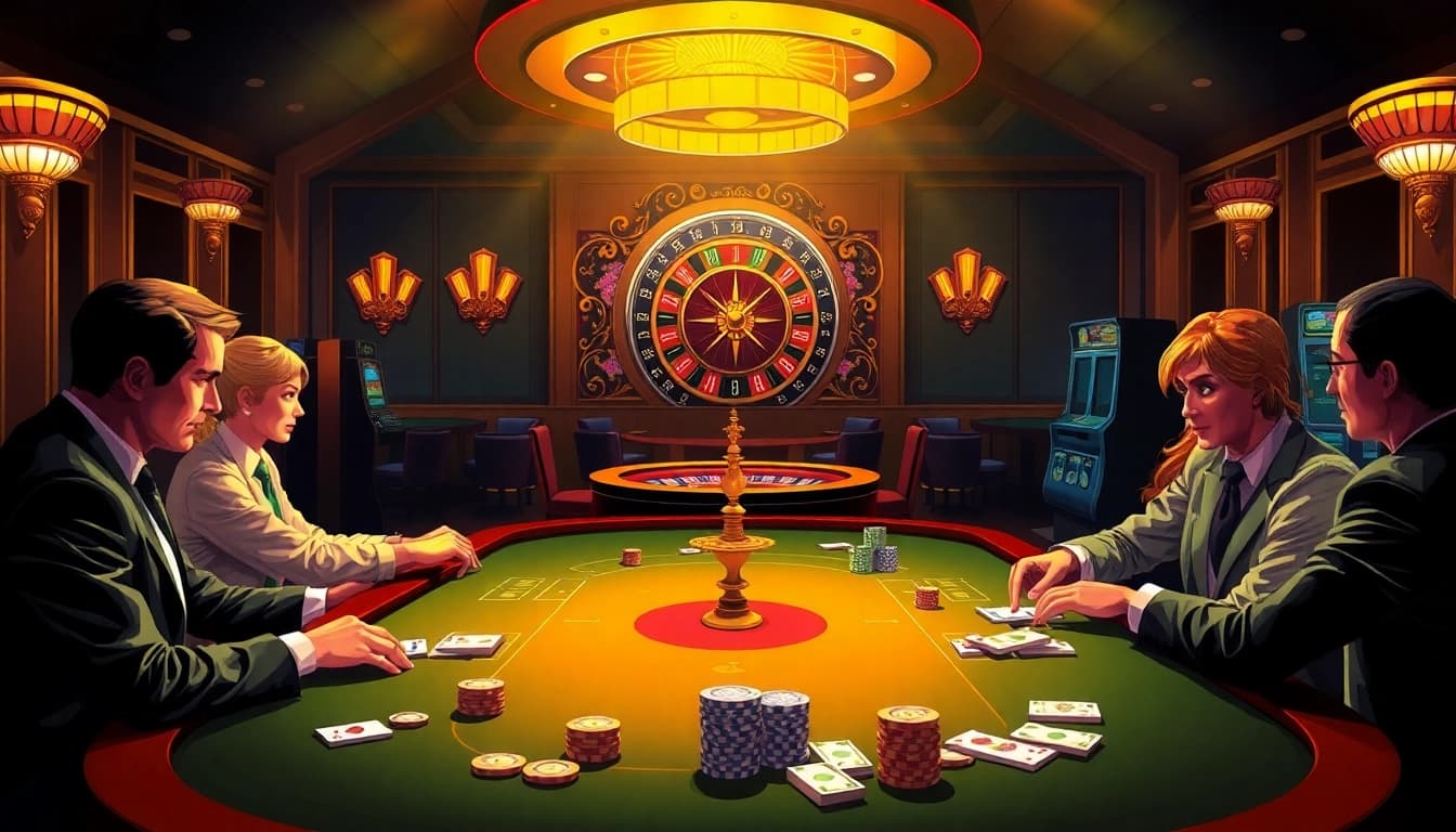 Engage in an exciting poker game at f168.com, surrounded by vibrant casino elements and luxury decor.