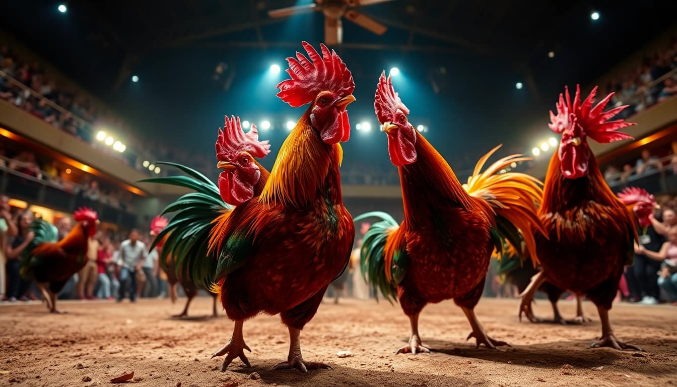 Experience live cockfighting action on dagawin.live with vibrant roosters and an energetic crowd.