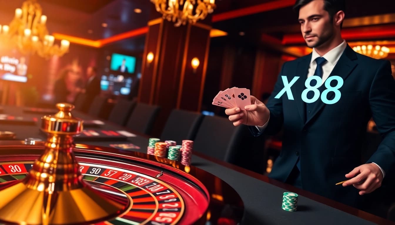 Experience thrilling casino action with X 88 poker chips and rouletter wheels in a luxurious setting.