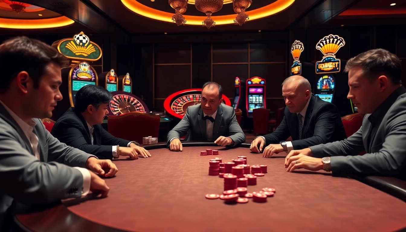 Exciting poker game at a luxury casino invoking the thrill of https://dabet.homes with vibrant chips and cards.