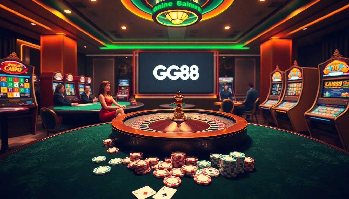 Gameplay at GG88 featuring poker chips and roulette, showcasing an exciting online casino experience.