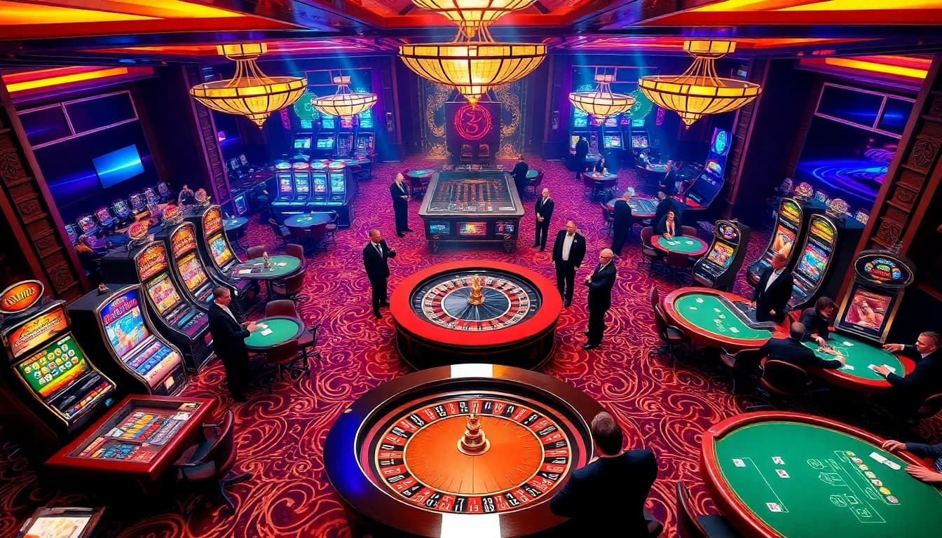Experience the thrill of gambling at the ABC8 casino, showcasing roulette tables, poker chips, and excitement.