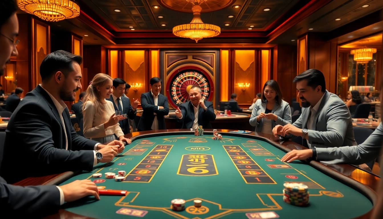 Engaging scene of players betting at a Tài Xỉu MD5 table in a lavish casino setting.