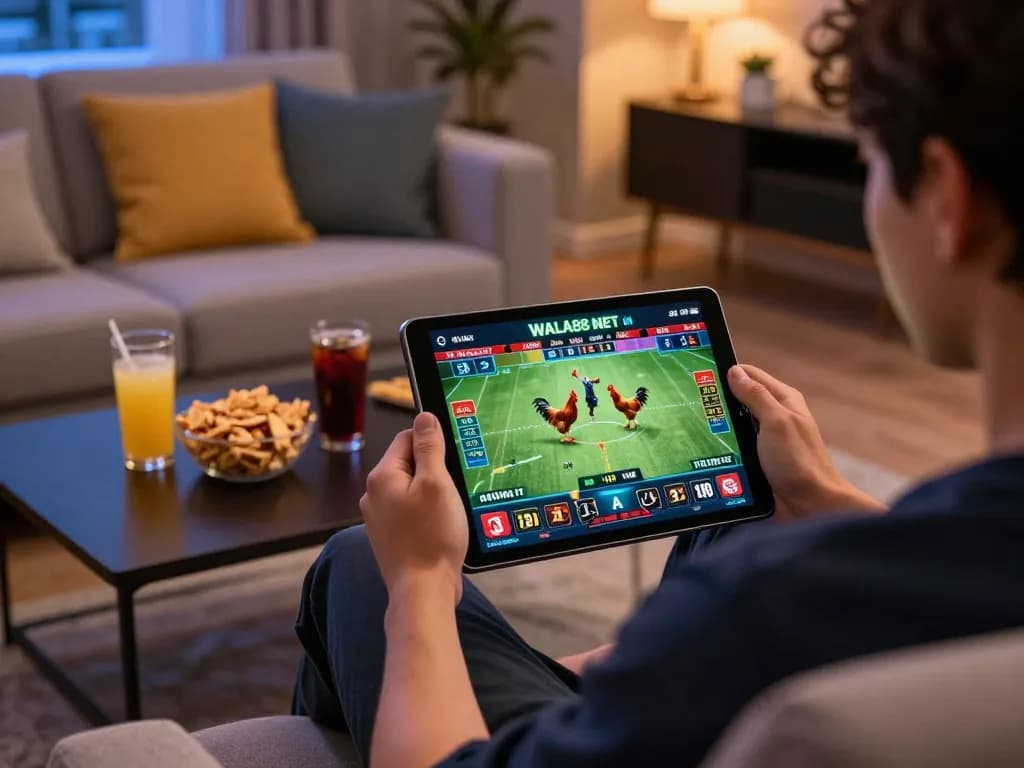 Engaging in online betting with WALA88 NET IN on a tablet during a thrilling chicken fight
