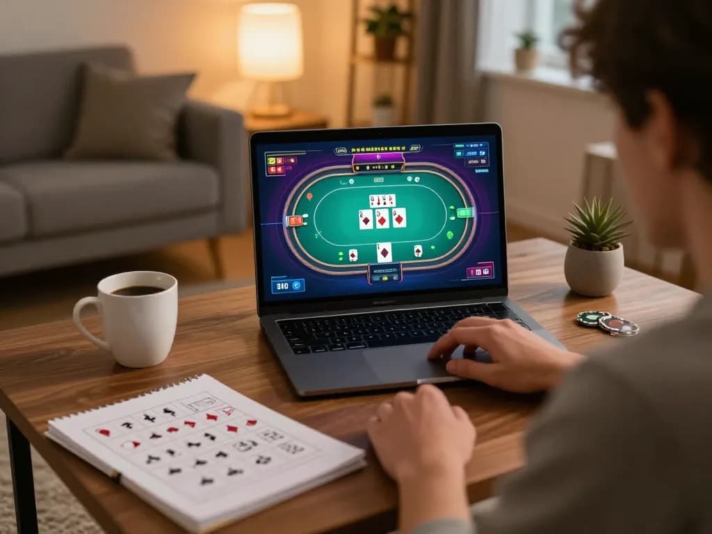 A player enjoying online casino gameplay at home with az888, displaying poker interface and strategy notes.