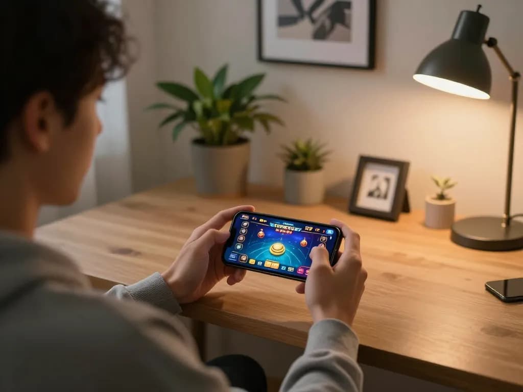 Player engaging with game đổi thưởng uy tín on smartphone at home, showcasing an immersive online gambling atmosphere.