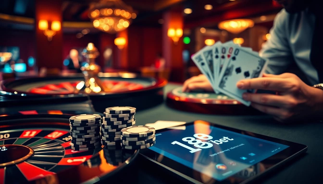 The thrilling moment of placing a bet at an upscale casino with a roulette wheel, showcasing the 188bet link for seamless online access.