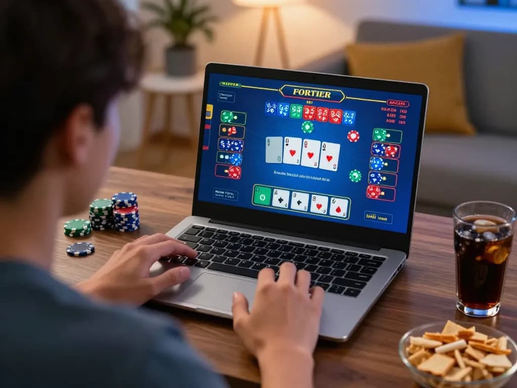Engaging live baccarat gameplay at home with tg88 laptop setup, showcasing excitement and strategy.