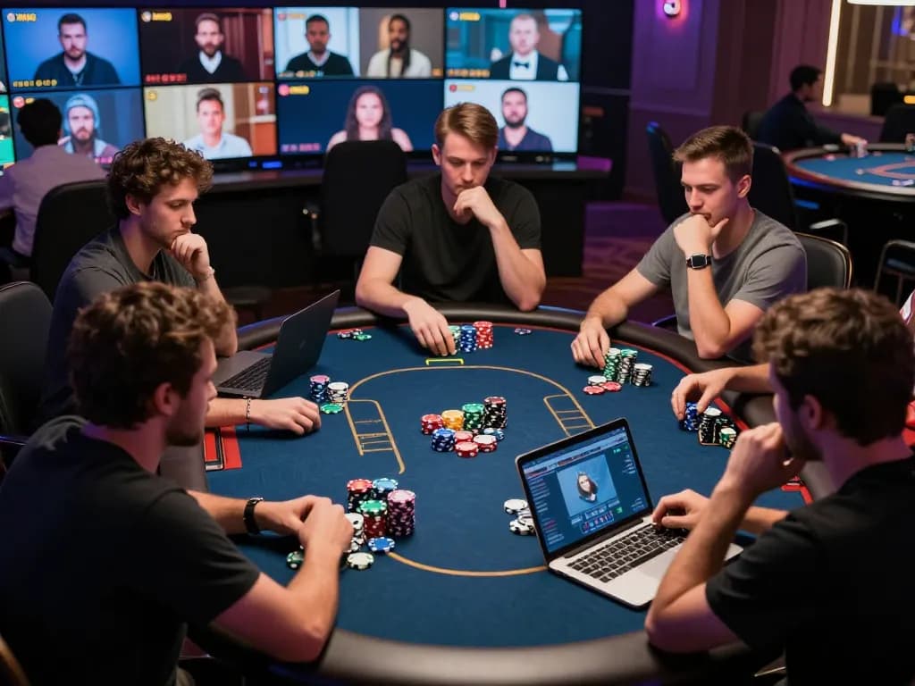 Players strategizing during an online poker game at MM88, showcasing high-stakes action and modern interface.