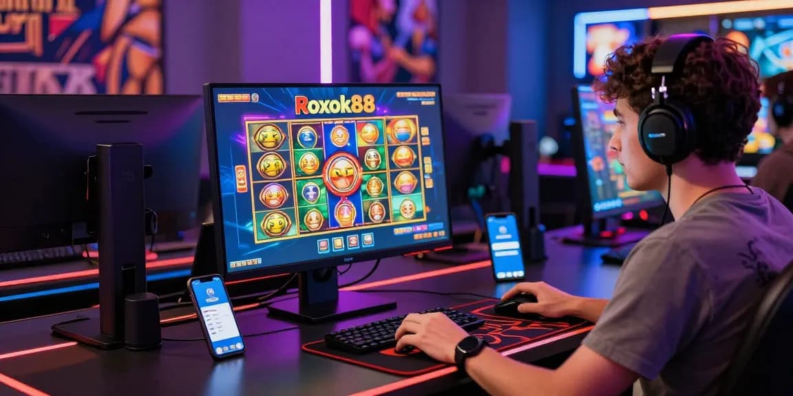 Player engaged in rokok88 slot gaming with immersive setup and vibrant atmosphere