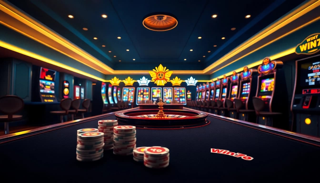Experience the excitement of Win79 with vibrant slot machines and a thrilling roulette wheel in action.