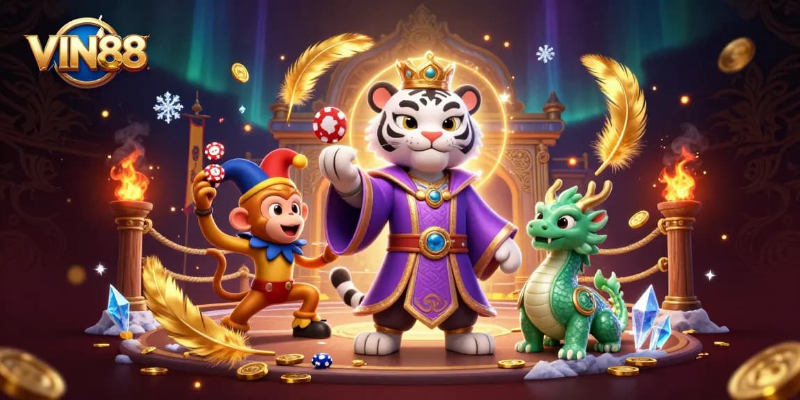 Experience thrilling gaming at VIN88 with a majestic tiger, playful monkey, and enchanting dragon in a vibrant casino scene.
