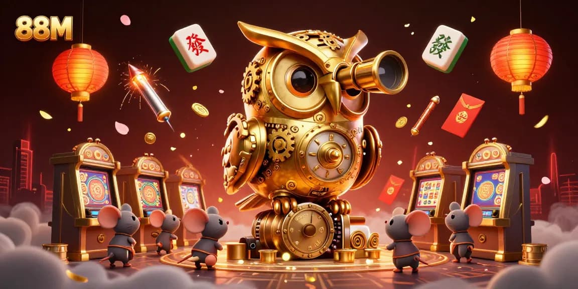 Engage with the vibrant 88M casino scene featuring a golden owl, mice patrons, and festive decorations.